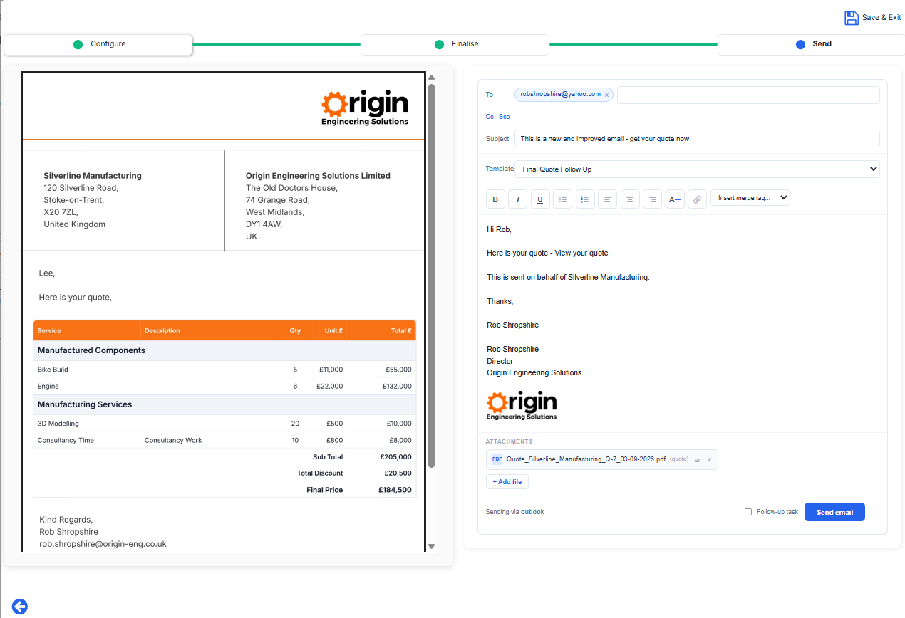 QPD finalise and send stage showing the branded customer quote document alongside the email with PDF attachment
